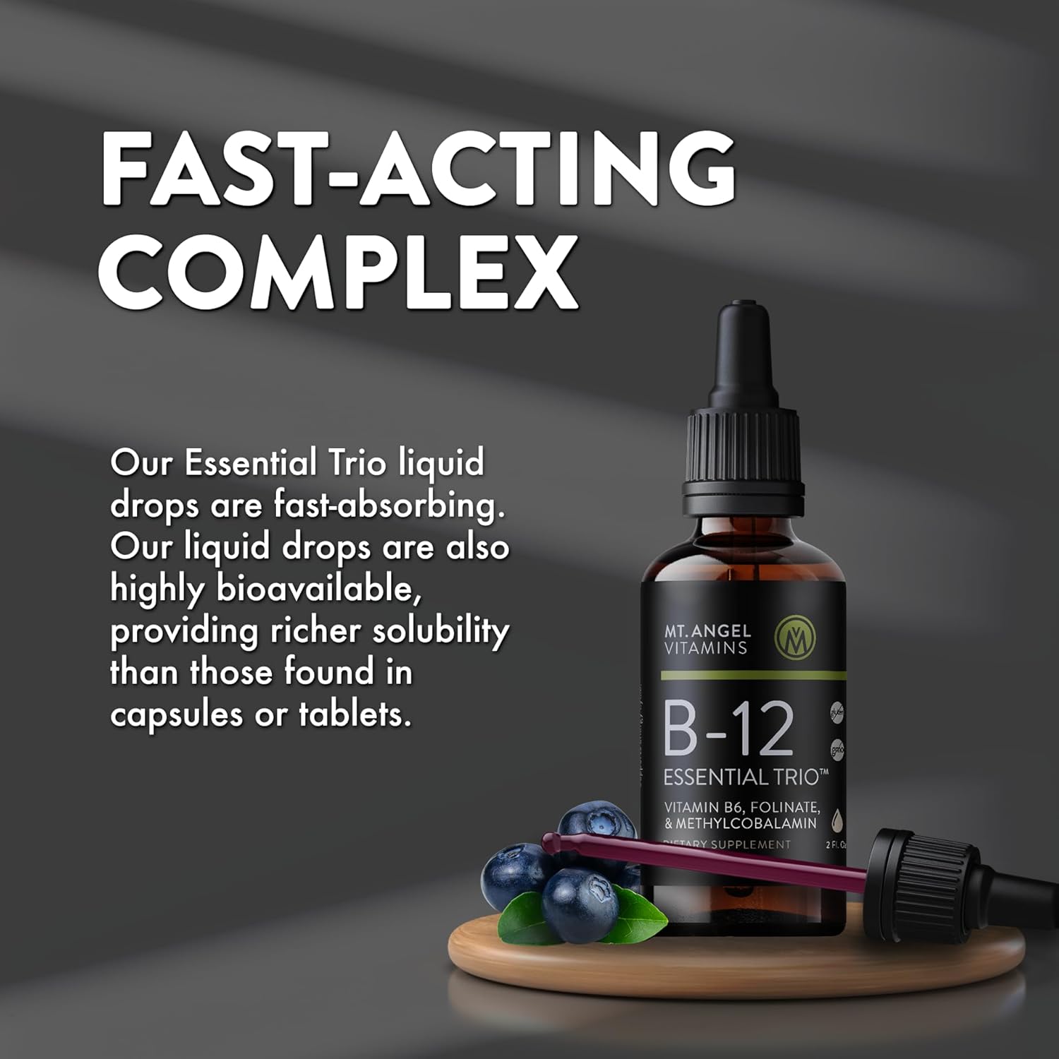 Mt. Angel Vitamins - B12 Essential Trio - Vegan Sublingual Drops with High-Potency Methyl B12, B6 & Folate - Easy Absorption Liquid - Non-GMO, Made in USA