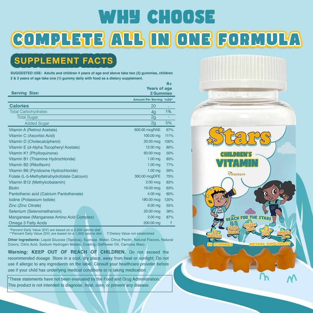 Stars Kids Multivitamin Gummies with Omega 3, Vitamins for Kids with A, B, C, D, Plant Based Multi Vitamins for Children, Manganese, 60 Star-Shaped Multivitamin for Kids, Gluten-Free Gummy Vitamins