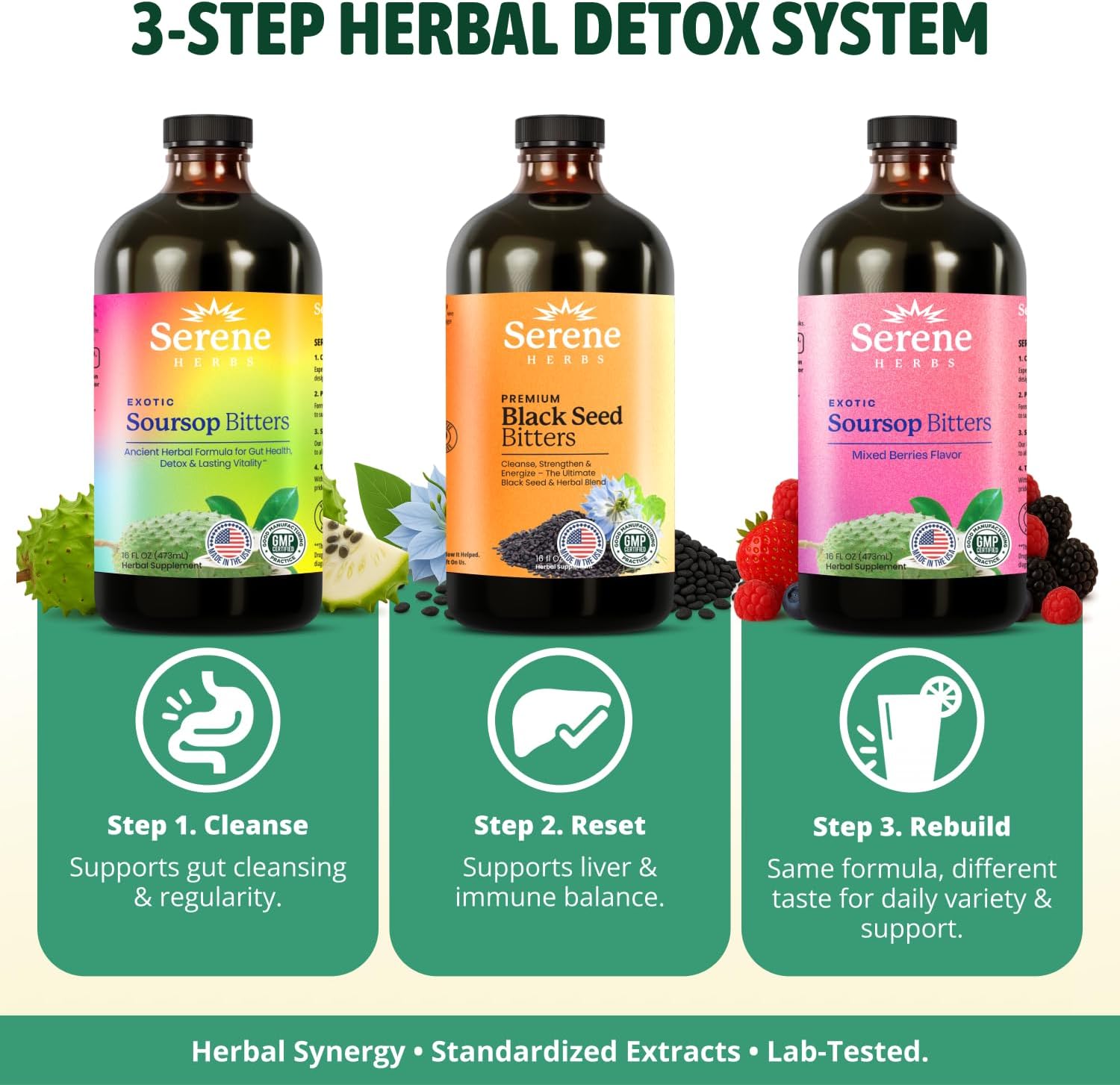Serene Herbs Soursop Bitters Liquid, Mixed Berries & Black Seed Triple Bundle – Organic Herbal Guanabana for Digestive Support & Immune Health – Vegan, Non-GMO – 48 oz (16 oz Each), 3 Pack