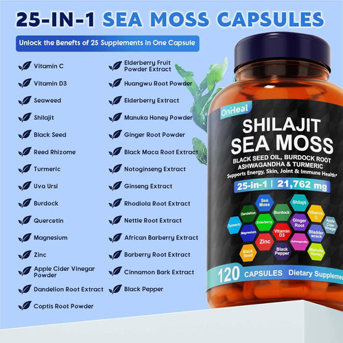 25-in-1 Sea Moss Black Seed Oil Ashwagandha Ginger Shilajit Supplement, with Burdock Root, Rhodiola Rosea, Vitamins C & D3, Shilajit Capsules for Men & Women - Boosts Energy, Skin, Joints & Immunity