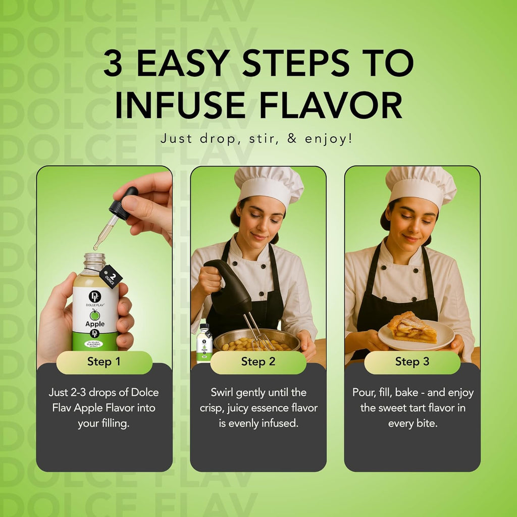 Dolce Flav Apple Extract (Oil-Soluble) – Kosher, Sugar-Free, Concentrated Crisp Apple Flavoring for Baking, Chocolates & Desserts, Includes Measured Dropper, 2 oz Pack of 2