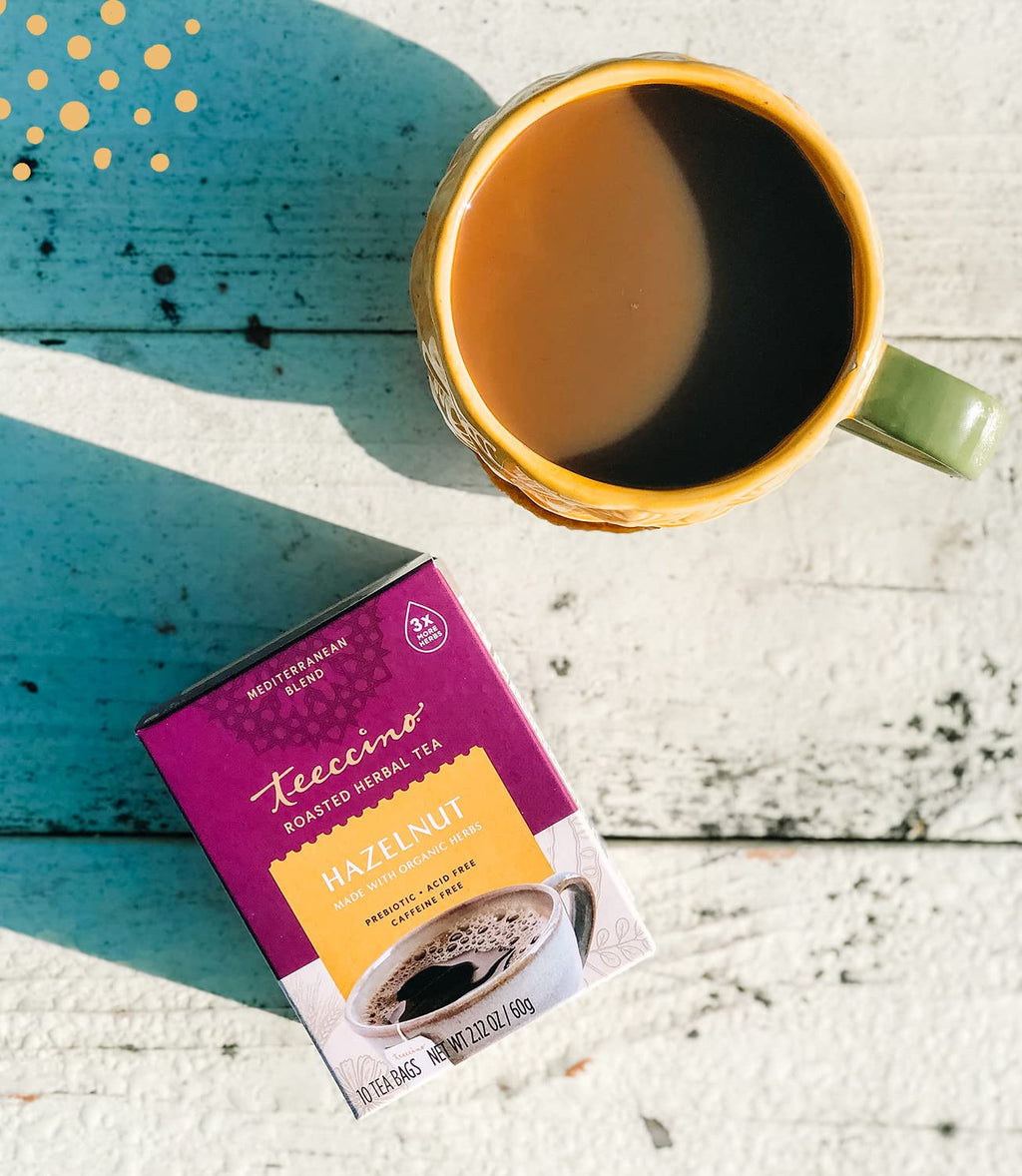 Teeccino Hazelnut Roasted Herbal Tea - Caffeine Free, Prebiotic, 3x More Herbs - 10 Tea Bags