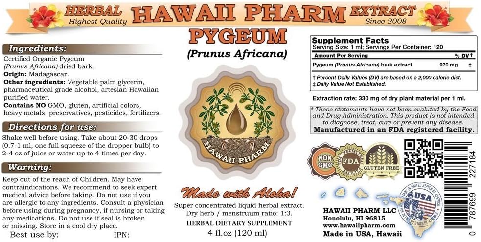 Pygeum (Pygeum Africanum) Liquid Extract, Tincture, Herbal Supplement, Hawaii Pharm, Made in USA, 4 fl.oz (120ml)
