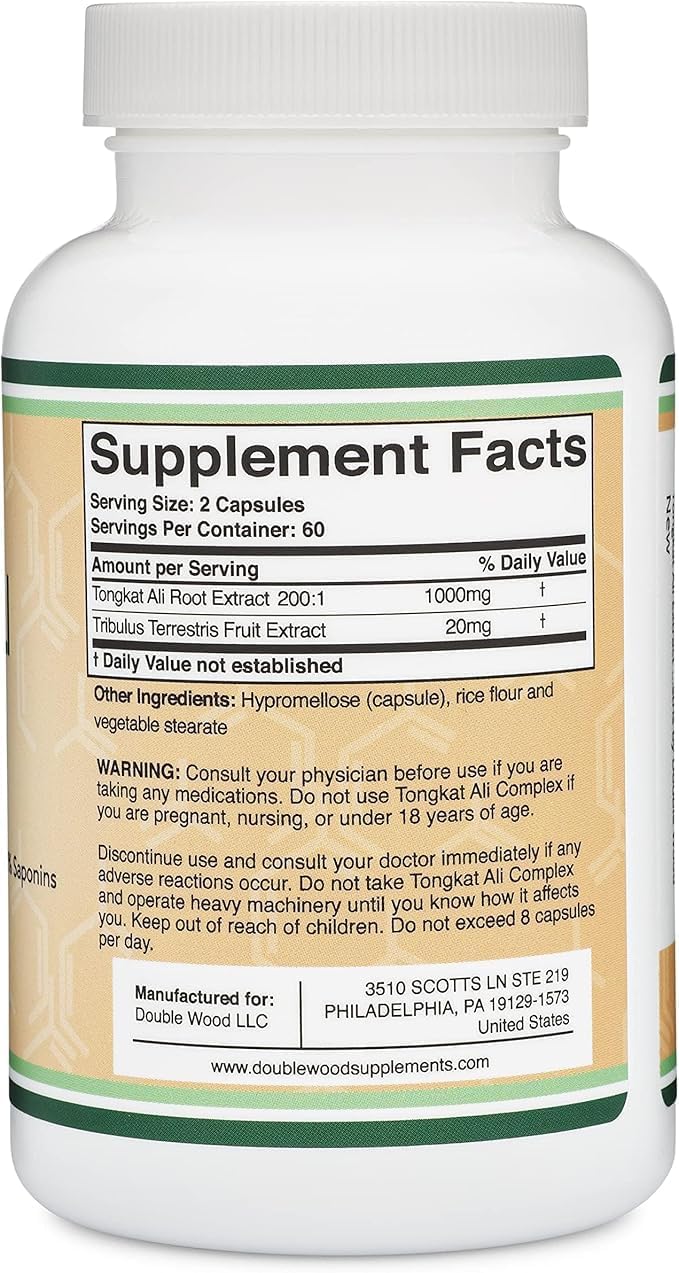 Tongkat Ali - 1000mg (2 Month Supply) - Men's Health - 200:1 Extract of (Longjack) Eurycoma Longifolia, with 20mg Tribulus Terrestris (Third Party Tested) by Double Wood