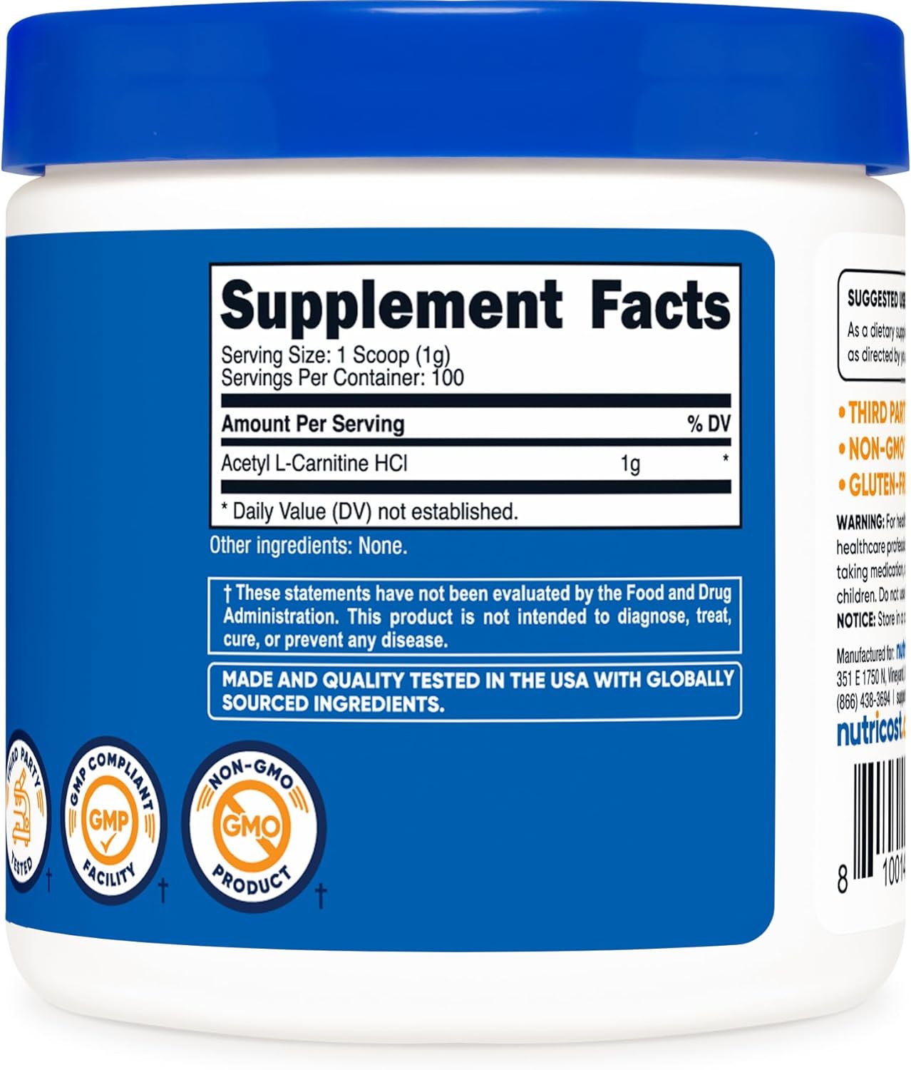 Nutricost Acetyl L-Carnitine HCI (ALCAR) 100 Grams per Container - 1G Per Serving - Non-GMO, Gluten Free, Unflavored