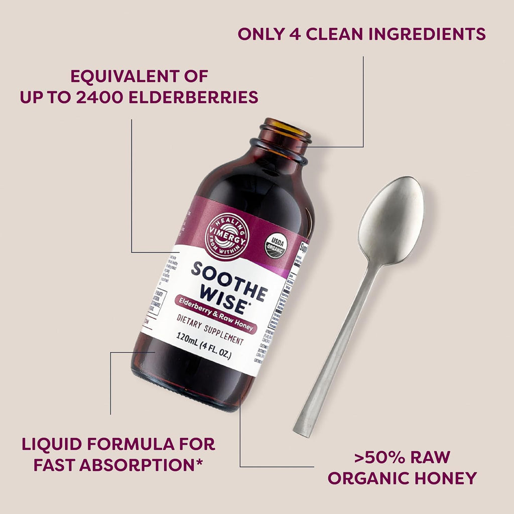 Vimergy Soothe Wise* – Fast-Absorbing Immune Support with Elderberry Syrup and Raw, Organic Honey – Coats and soothes Respiratory tissues – USDA Certified Organic, Vegan, Paleo-Friendly, Gluten-Free.