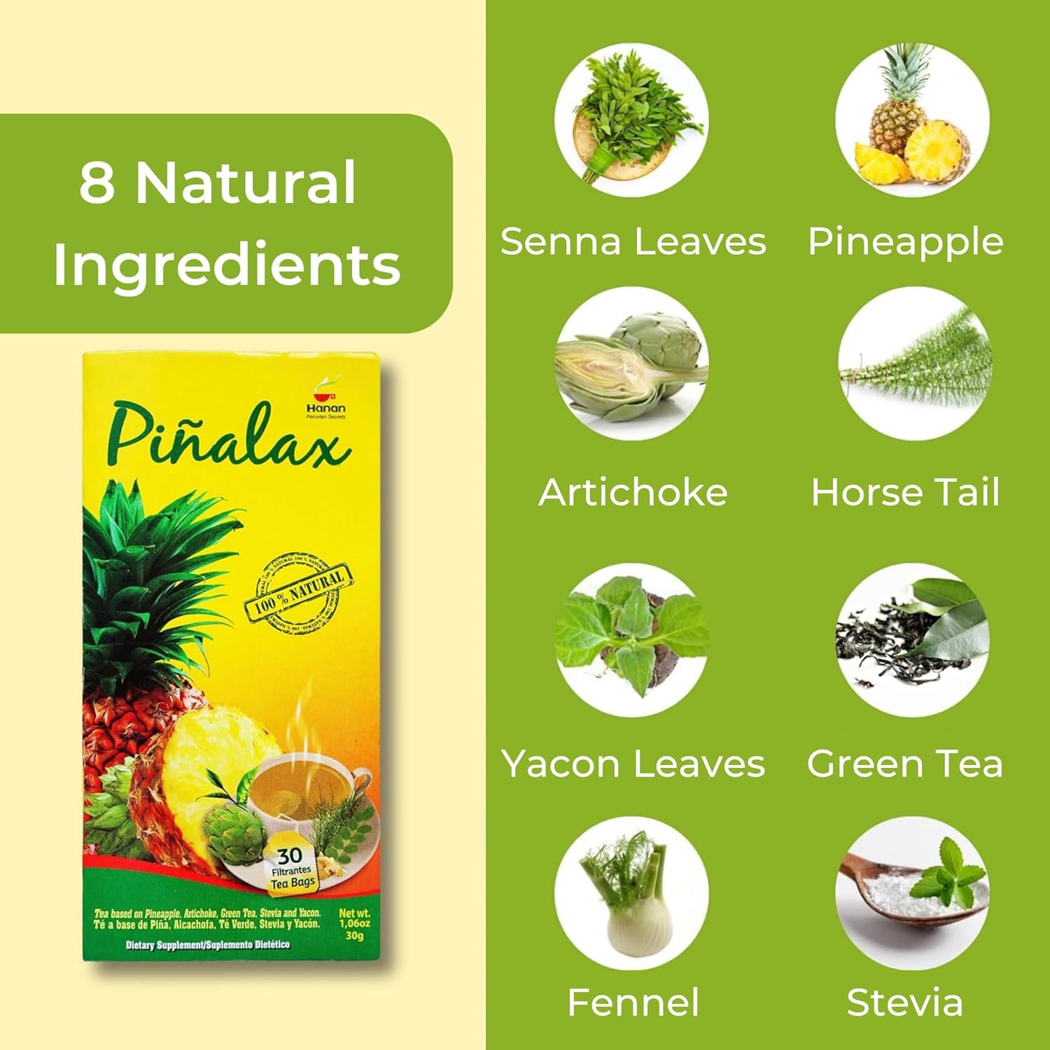 Piñalax 30 Teabags Herbal Tea of Pineapple, Artichoke, Green Tea, Stevia, Yacon Leaves, Senna, Horsetail and Fennel from Peru