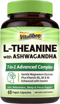 L-Theanine 200mg Supplement, Magnesium Glycinate, Ashwagandha, Inositol, Vitamin B1 B2 B6, No Gluten, Calm, Relaxation, Focus, Cognitive Function, 60 Vegan Caps