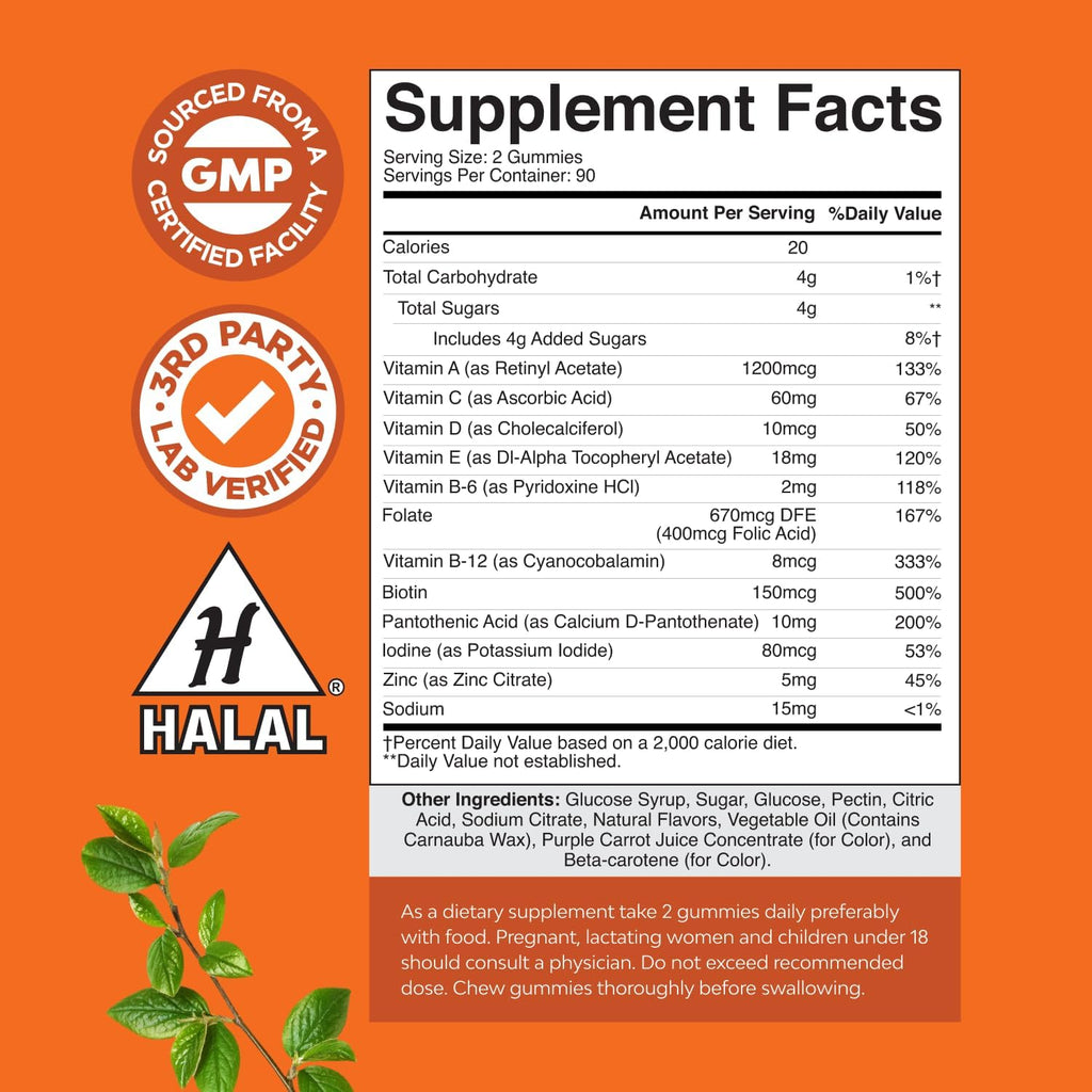 Potent Daily Multivitamin Gummies for Adults - Wellness Blend of Vitamin D A C E B12 Zinc and Biotin - Adult Vitamin Gummy for Energy and Immune Health - Non-GMO Gluten Free and Halal - 180 Gummies