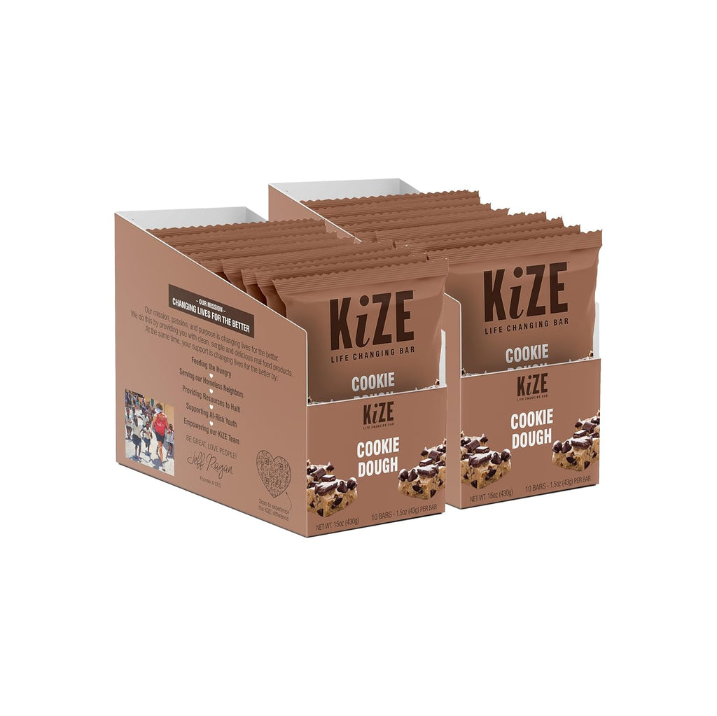 KiZE Energy Bars - Cookie Dough - 20-Count - Gluten Free, Dairy Free, Non-GMO, and High Protein Meal Replacement Energy Bars, Clean and Simple Food Ingredients - 10g High Protein Snacks (20 Count)