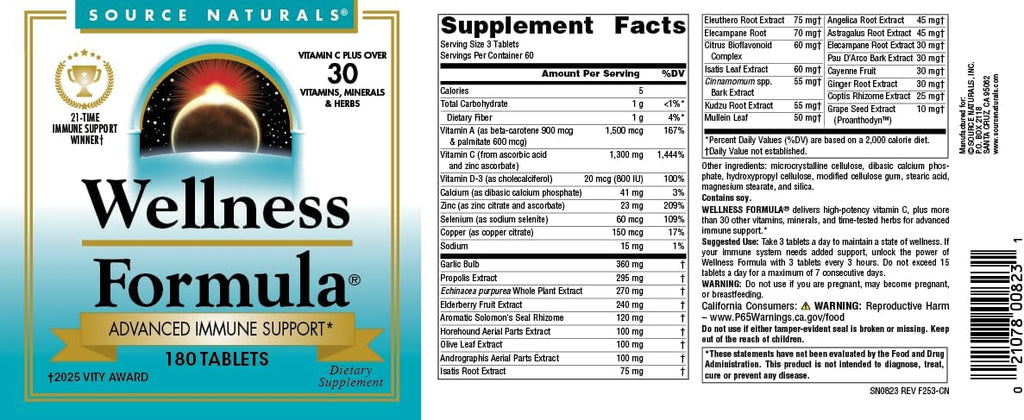 Source Naturals Wellness Formula Bio-Aligned Vitamins & Herbal Defense - Immune System Support Supplement & Immunity Booster* - 180 Tablets