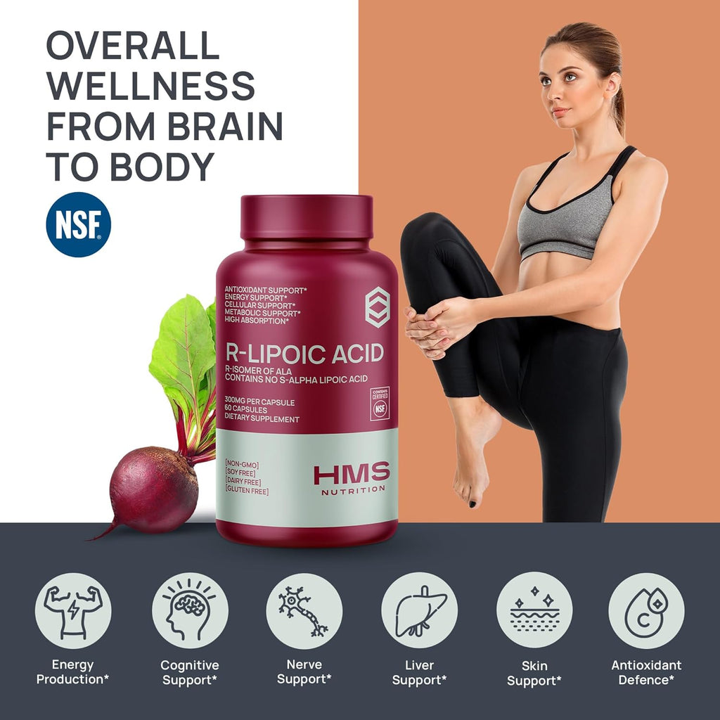 Stabilized R-Lipoic Acid 300mg Per Serving, R Alpha Lipoic Acid ALA Supplement Antioxidant for Nerve, Energy & Metabolism Support, NSF Certified Supplements, Non-GMO & Vegan,60 Capsules,2 Month Supply