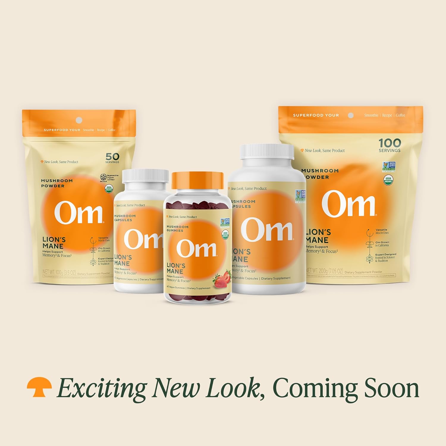 OM MUSHROOM SUPERFOOD Lion's Mane Organic Mushroom Powder, Improves Memory, Focus, Clarity, Nerve Health, and Mood Support, 3.5 oz, 50 Servings Powder Supplement Pouch