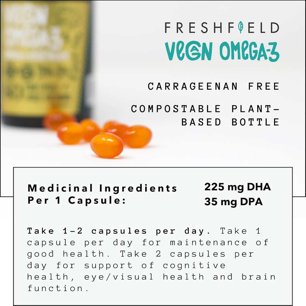 Freshfield Vegan Omega 3 DHA: Algae Oil, Most Reviewed, Carrageenan Free, Sustainably Sourced, Tested, No Heavy Metals, Fish Oil Alt, Plant Based Omega. Supports Heart, Brain, Joint Health w/DPA