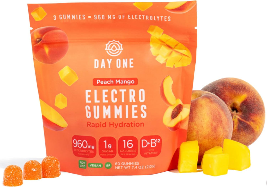 Day One Electrogummies - 60pcs. of Peach Mango Flavored Electrolyte Gummies for Hydration and Recovery - Packed with Essential Electrolytes Ideal for Workouts, Running, Hiking and More