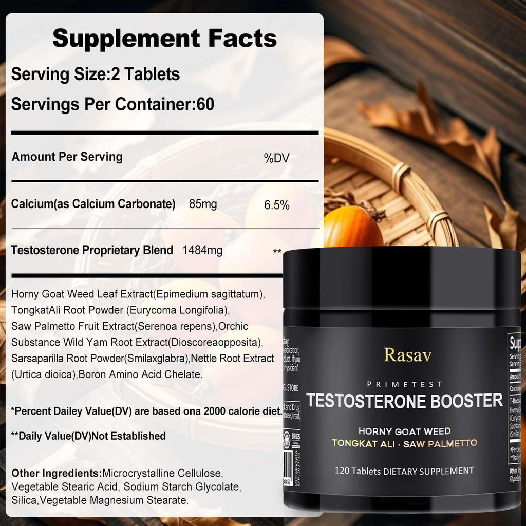 Rasav Horny Goat Weed and Tongkat Ali Supplement for Men, Testosterone Booster Supplement for Men, Male Enhancing Supplements, Supports Muscle Growth, Strength, Energy and Stamina, 120 Tablets