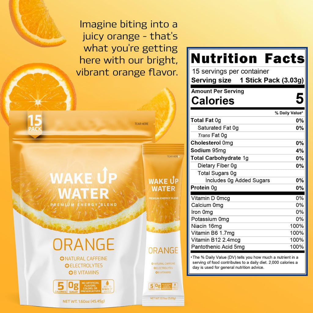 Wake Up Water - Energy + Hydration Sugar Free 15 Packs, Orange Flavor - Energy Drink Powder, Electrolytes Powder Drink, Natural Caffeine Mix Packet, B Vitamins, 5 Calories, Gluten Free - 1.60 oz (45.45g)