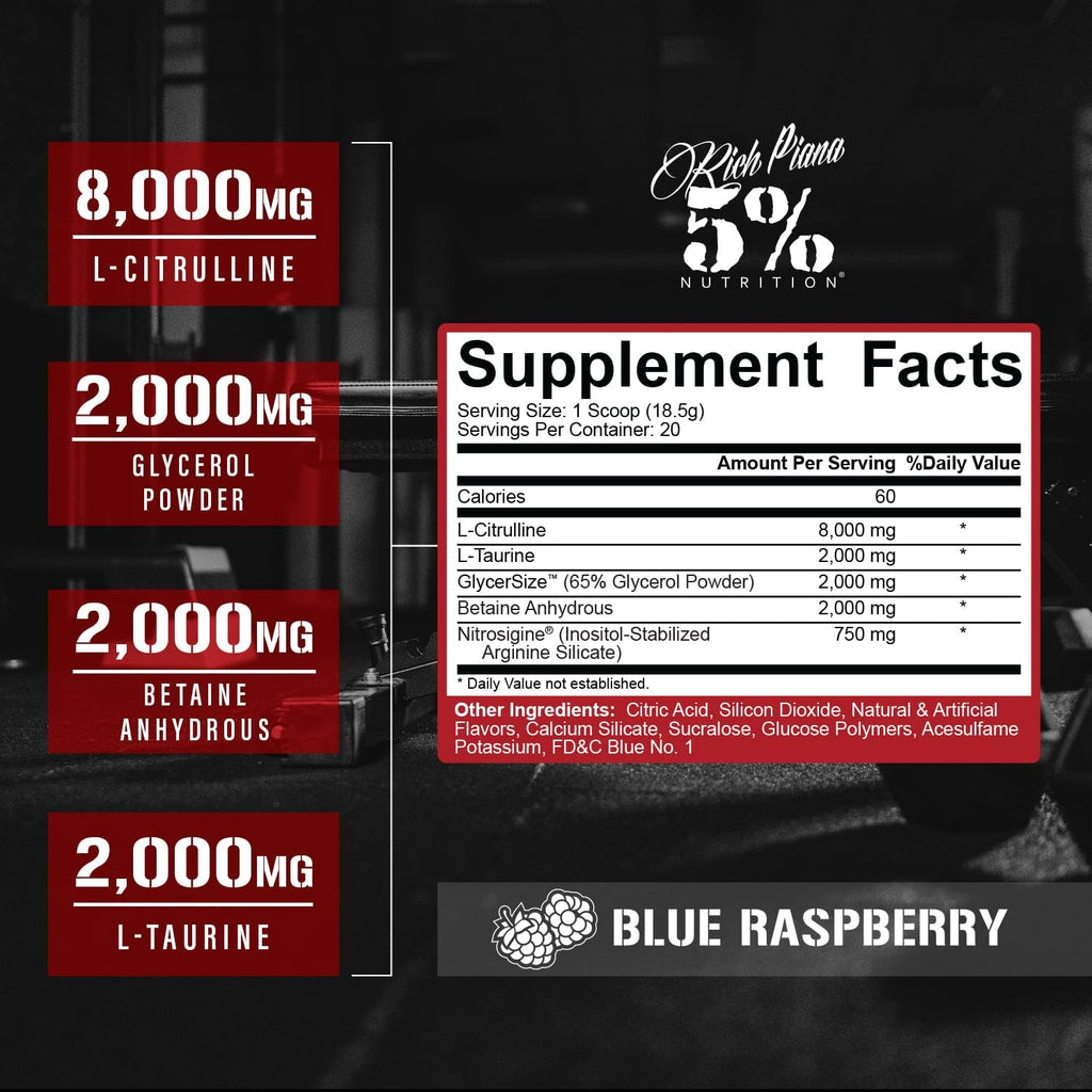 5% Nutrition FullAF Pre-Workout | Stim-Free with Massive Pumps | L-Citrulline, L-Taurine, Nitrosigine, GlycerSize | 13.05 oz (Blue Raspberry)