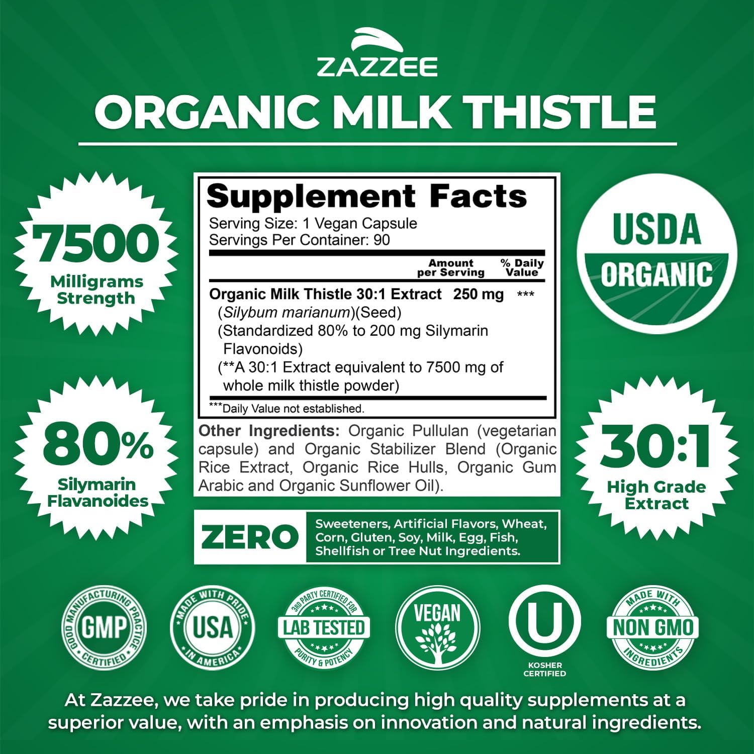 Zazzee USDA Organic Milk Thistle 30:1 Extract, 7500 mg Strength, 90 Vegan Capsules, 80% Silymarin Flavonoids, Healthy Liver Detox & Cleanse Support, 100% Vegetarian, Non-GMO, Made in The USA