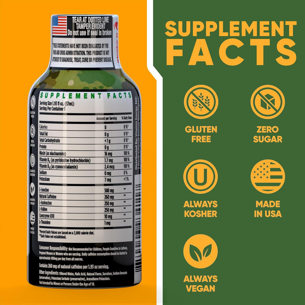 Vitamin Energy Immune+ Extra Strength Energy Shot Army Orange 48 Pack, 260mg Natural Caffeine, B-Vitamins, Citicoline, Green Tea, Immunity & Focus Support, Zero Sugar, Gluten-Free 1.93 fl oz