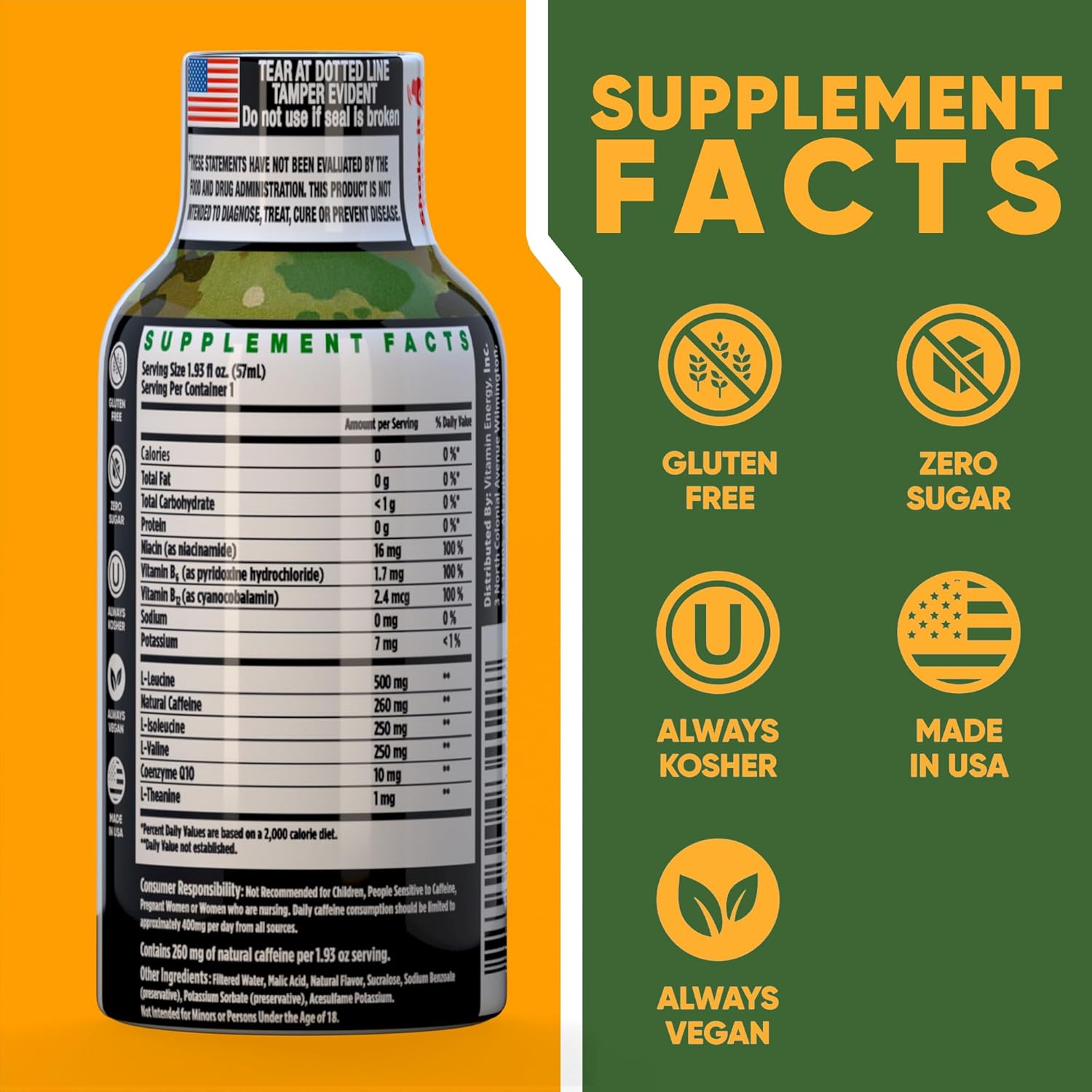 Vitamin Energy Immune+ Extra Strength Energy Shot Army Orange 48 Pack, 260mg Natural Caffeine, B-Vitamins, Citicoline, Green Tea, Immunity & Focus Support, Zero Sugar, Gluten-Free 1.93 fl oz
