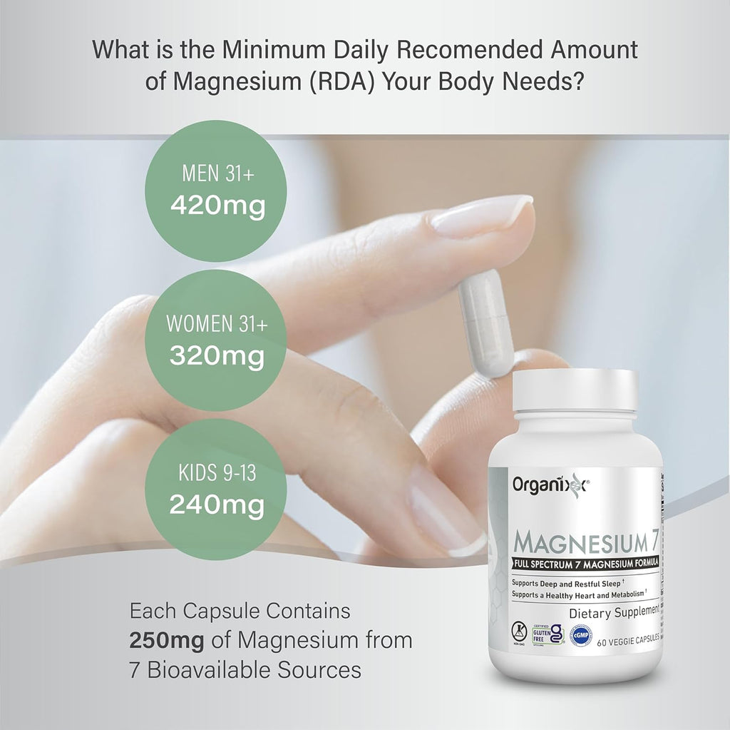 Organixx Magnesium Glycinate Supplement for Support Sleep, Muscle & Heart Health, 7 Type Magnesium Complex with Vitamin B6, Manganese Citrate, Gluten Free, Vegan, Non GMO, High Absorption, 60 Capsules