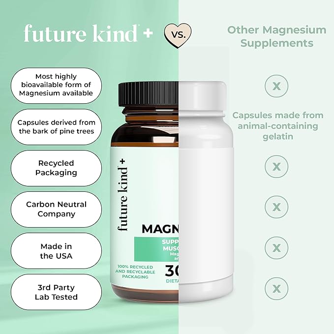 Future Kind Magnesium Glycinate, Supports Muscle and Nerve Function, High Absorption Chelated Magnesium Supplement, Nightly Calm, Energy & Metabolism, Highly Bioavailable & Potent - 30 Vegan Capsules