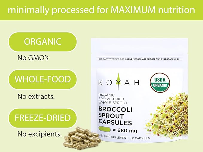 KOYAH - Organic Broccoli Sprout Capsules – Freeze-Dried Whole Broccoli Sprouts – 3rd Party Tested for Active Myrosinase & Glucoraphanin (Sulforaphane Glucosinolate) - 60 Capsules