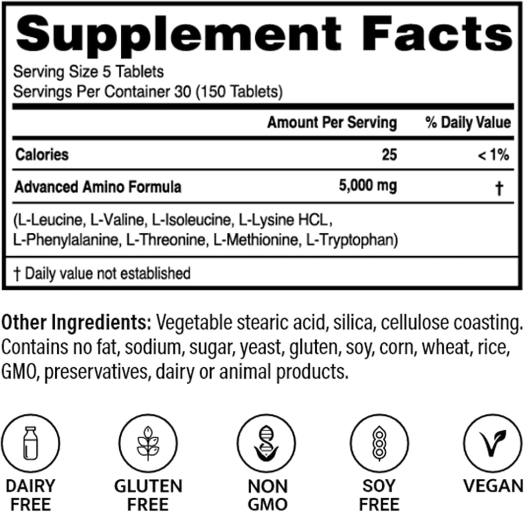 – Advanced Amino Formula Tablets, Amino Acid Supplement, Build Muscle, Post Workout Recovery, Energy, Stamina, Non-GMO, Gluten Free, Dairy Free, Vegan (150 Tablets)