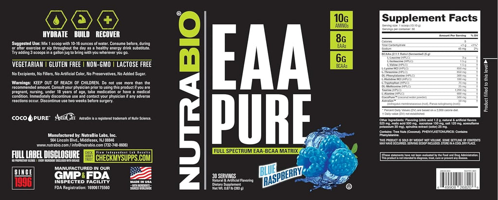 NutraBio – EAA Pure – BCAA Powder– Muscle Repair and Recovery– Pre or Post Workout - Amino Acid Supplement – All Day Recovery, 30 Servings, Blue Raspberry