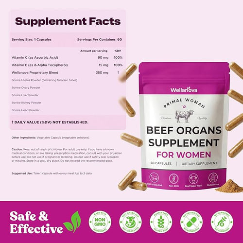 Beef Organ Supplement for Women, Primal & Ancestral Organ Meat Supplements with Uterus & Liver for Hormone Balance & Energy - 60 Day Supply