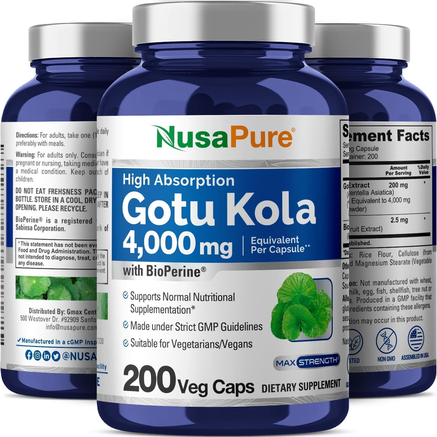 NusaPure Gotu Kola Capsules 20:1 Extract, 200 mg Equivalent to 4000mg Per Veggie Caps, 200 Count, Non-GMO, Vegan, Bioperine - Traditional Herb Extract