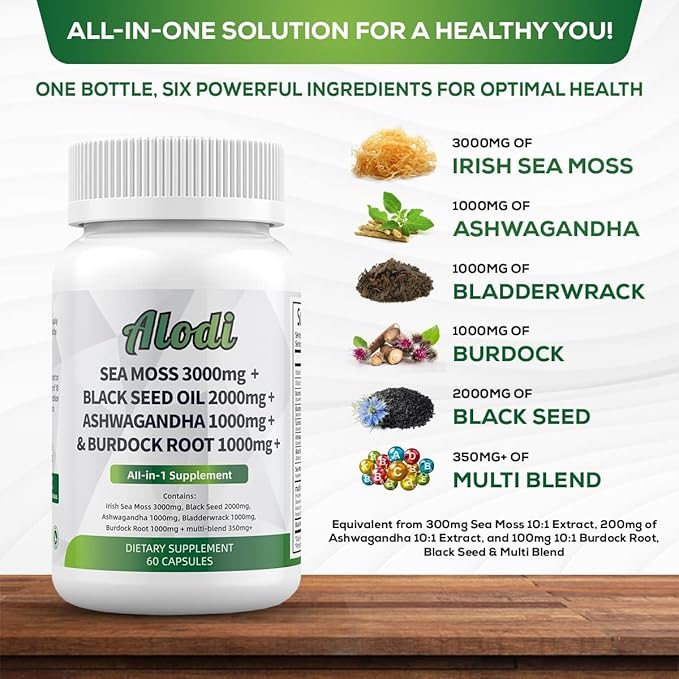 ALODI Super Sea Moss Omnipotent Supplement - with Ashwagandha, Black Seed Oil, Burdock Root, Turmeric, Bladderwrack, Apple Vinegar, Advanced Formula - Tested for Maximum Efficacy in Men and Women