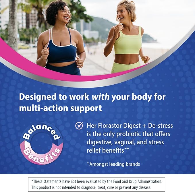 Florastor Probiotics for Women, Digest and De-Stress, Probiotics for Digestive Health, Vaginal Probiotic, and L-Theanine for Mind and Body Wellness, 30 Capsules