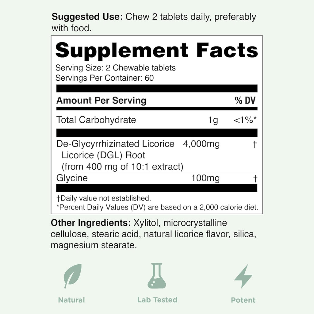 Chewable Ultra-Pure DGL Licorice Tablets 4000 mg – Stomach, Gut & Intestinal Relief – Natural Acid Reflux Formula – 10:1 Deglycyrrhizinated Licorice Root Extract – 120 Chewables