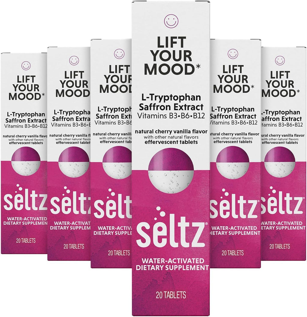 Seltz® Water-Activated Vitamins - Lift Your Mood with L-Tryptophan, Saffron Extract and Vitamins B3 B6 B12 – Natural Cherry Vanilla Flavor Dietary Supplement - 6 Packs x 20 Effervescent Tablets Each