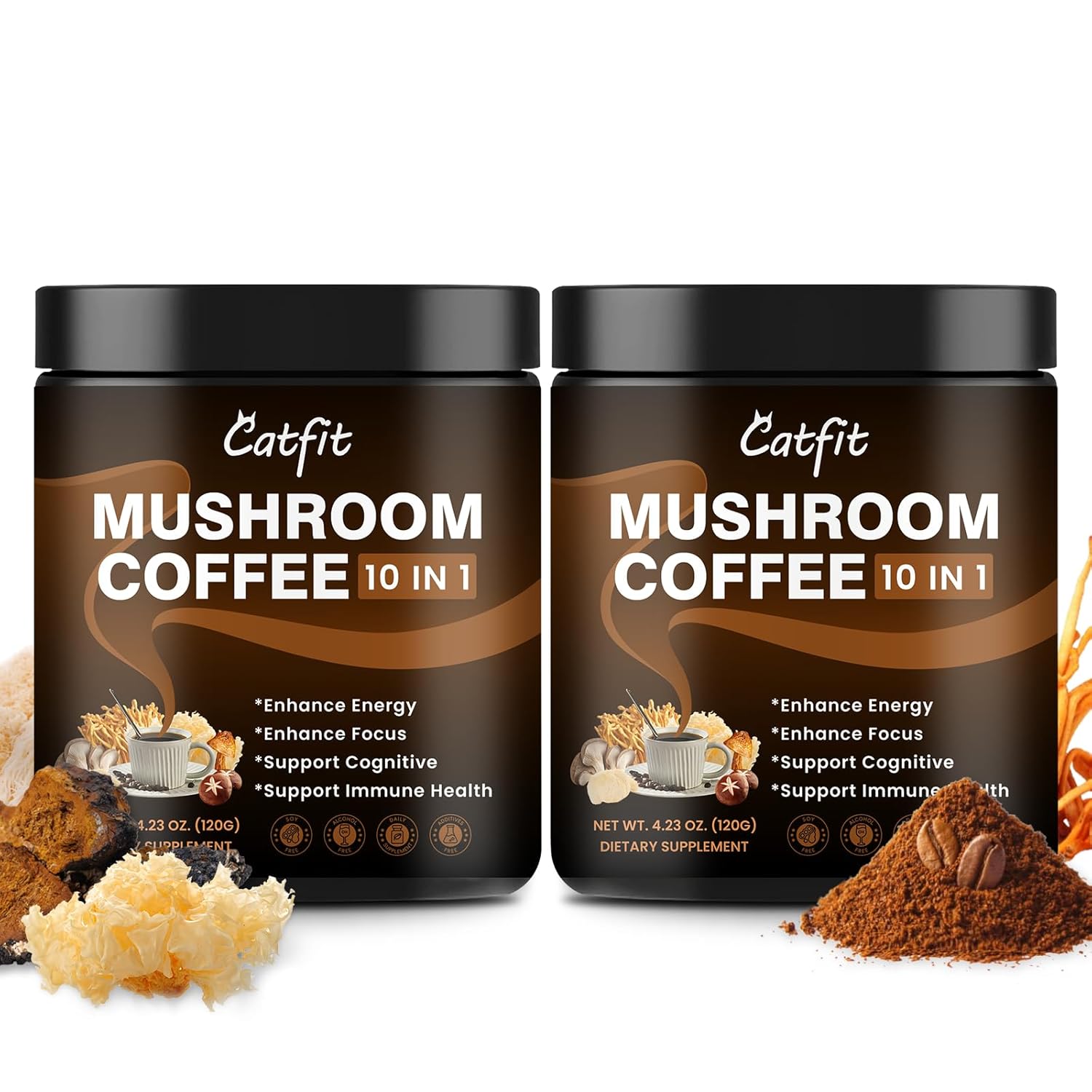 2 Pack Mushroom Coffee Powder, 10 Adaptogenic Mushrooms And MCT Oil, Hydrolyzed Collagen, Instant Coffee with Lion's Mane, Chaga, L-Theanine for Energy, Focus, Digestion and Immunity, 320G