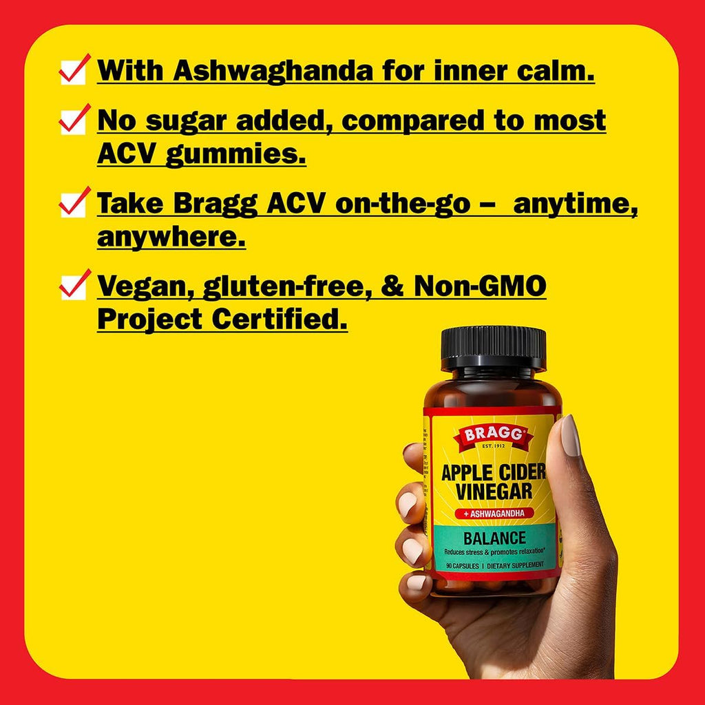 Bragg Daily Balance Apple Cider Vinegar and Sensoril Ashwagandha Capsules - 750mg of Acetic Acid – Energy & Weight Management Support - (90 Pills)