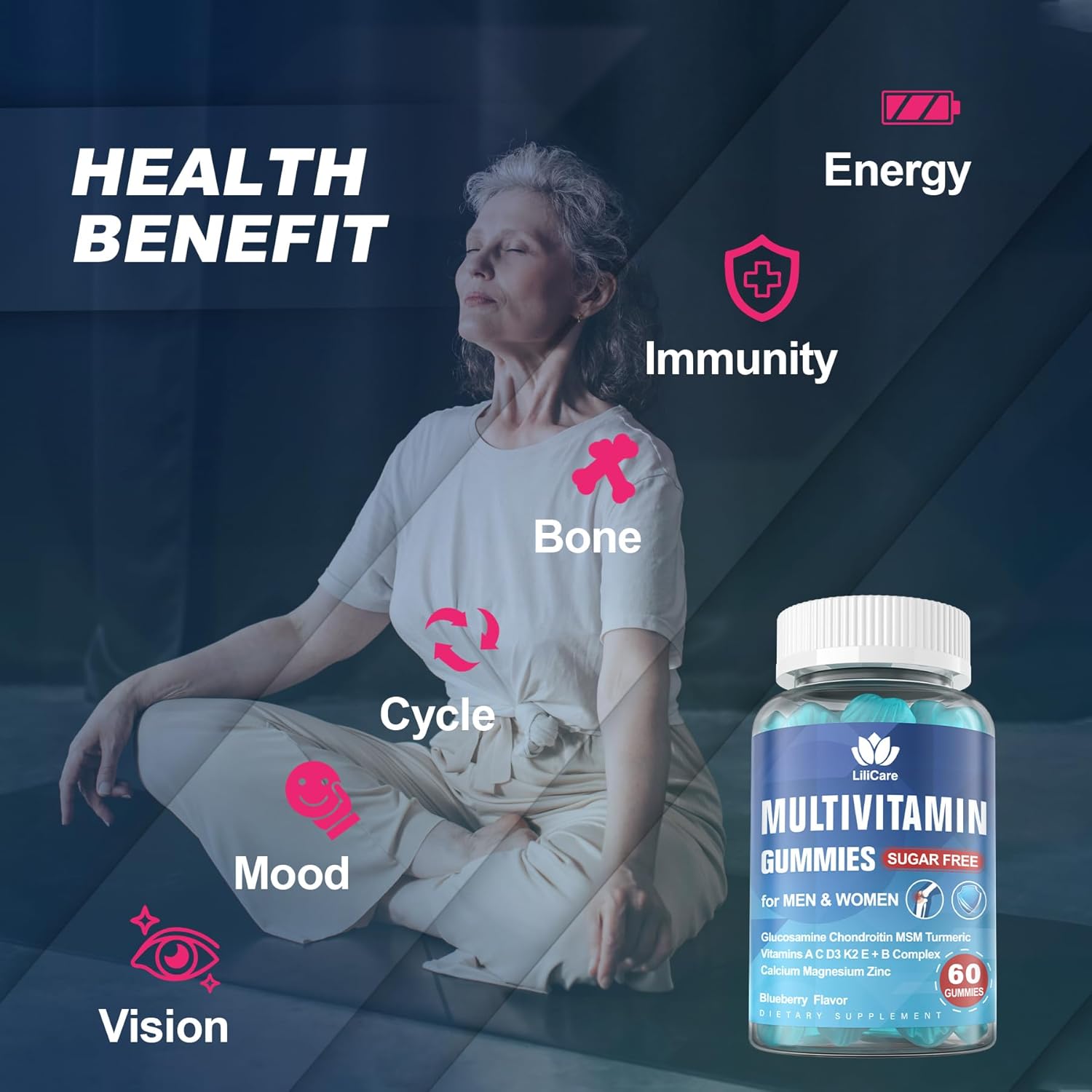Men's & Women's Sugar Free Methylated Multivitamin 50 Plus with Glucosamine Chondroitin MSM, Iron Free Gummies for Senior with Multi Vitamin D3 K2 & A C E, B Complex - 60 Count (Pack of 1)