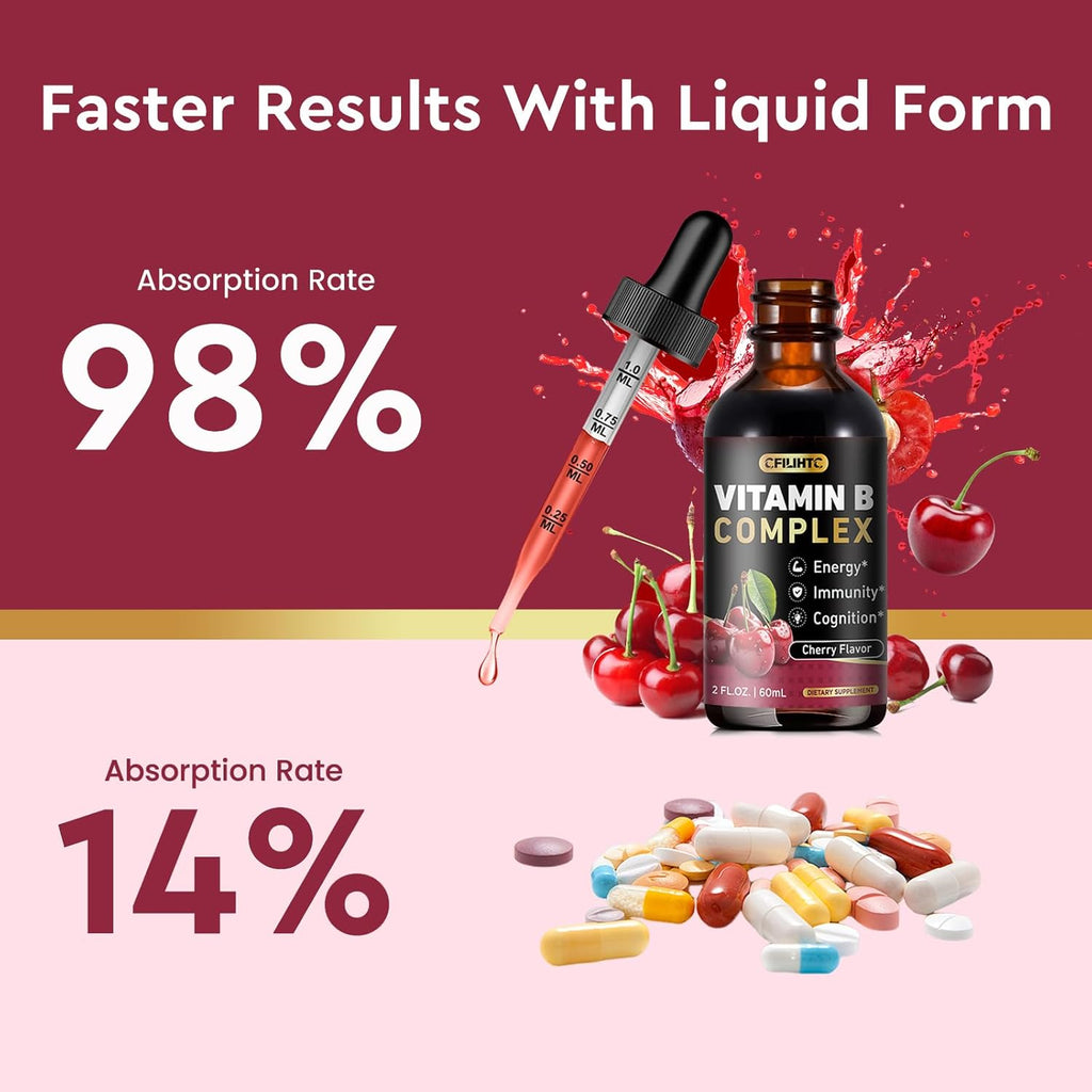 Vitamin B Complex Liquid Drops, B Vitamins Complex Supplement with B1, B2, B3, B5 B6, B7, B9 & Methyl B12 Drops for Adults & Kids, Vegan, Cherry Flavor