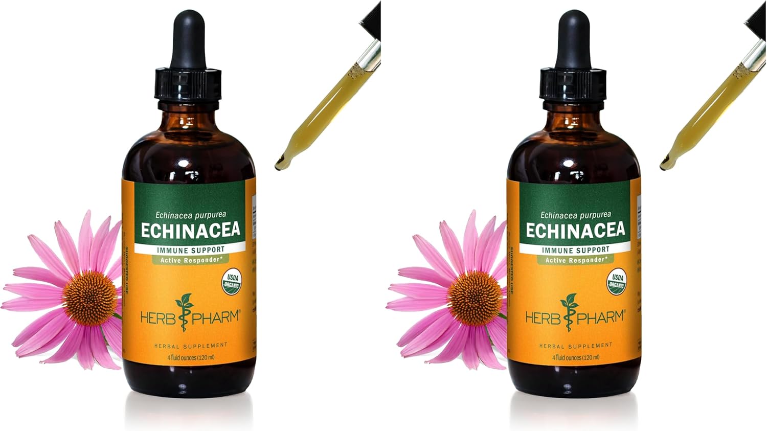 Herb Pharm Certified Organic Echinacea Root Liquid Extract for Immune System Support, Organic Cane Alcohol, 4 Ounce (Pack of 2)
