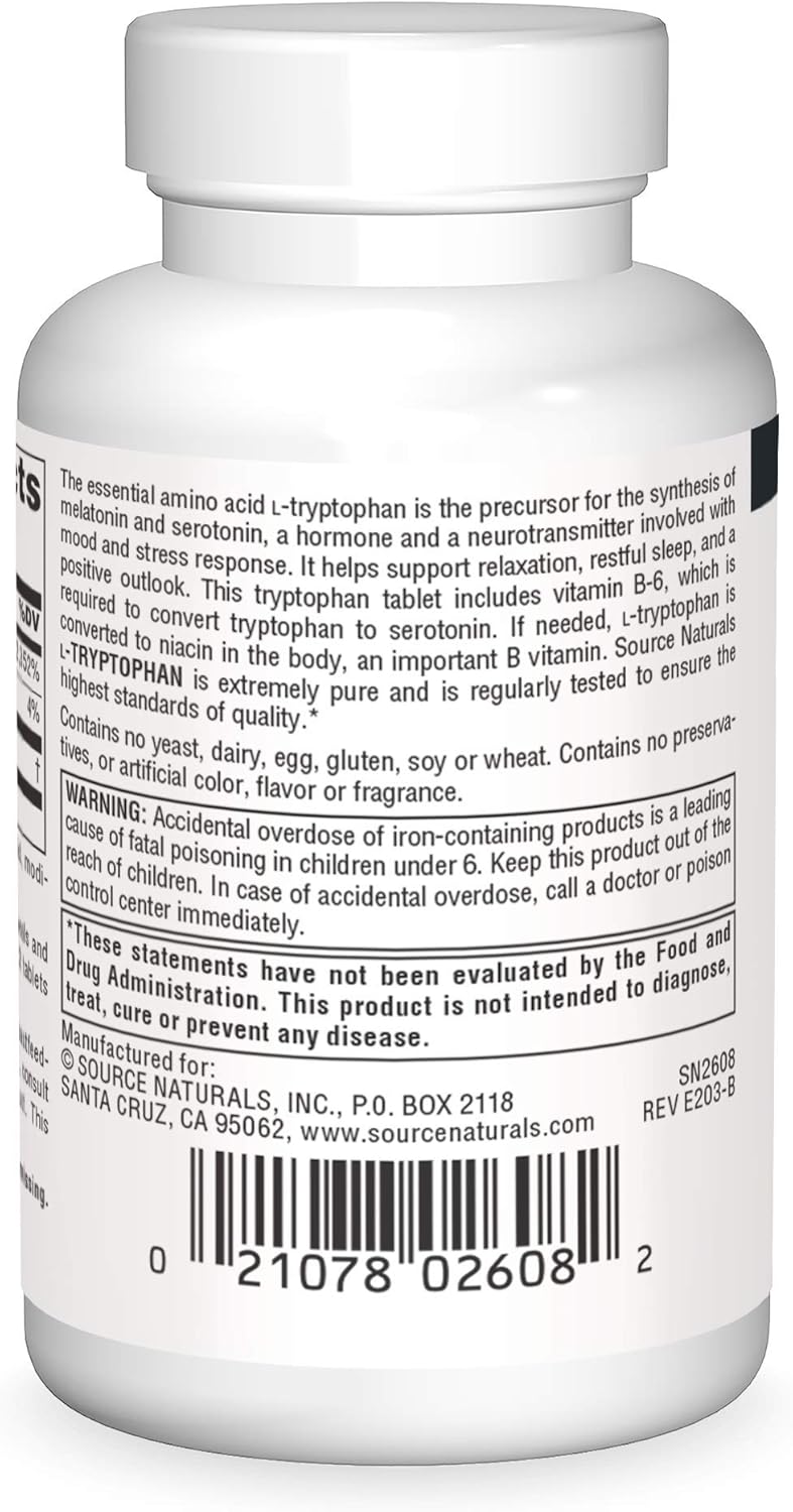 Source Naturals L-Tryptophan with Vitamin B-6 1000 mg Support Mood, Relaxation and Sleep* - 30 Tablets