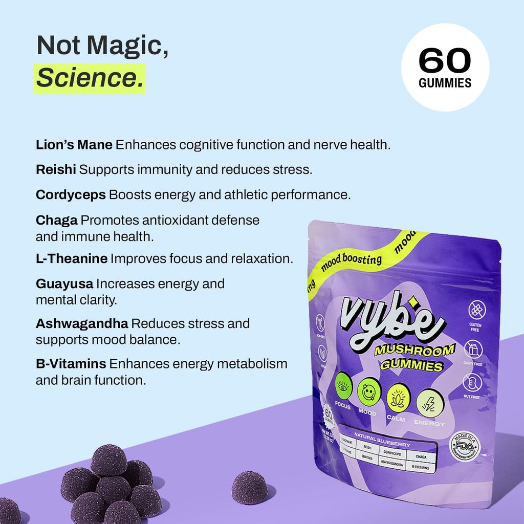 Vybe Daily Nootropic Gummies – 8-in-1 Mushroom & Adaptogen Brain Supplement for Focus, Energy, and Mood with Lion's Mane, Cordyceps, Reishi, Chaga, Ashwagandha (Blueberry, 60-Count)