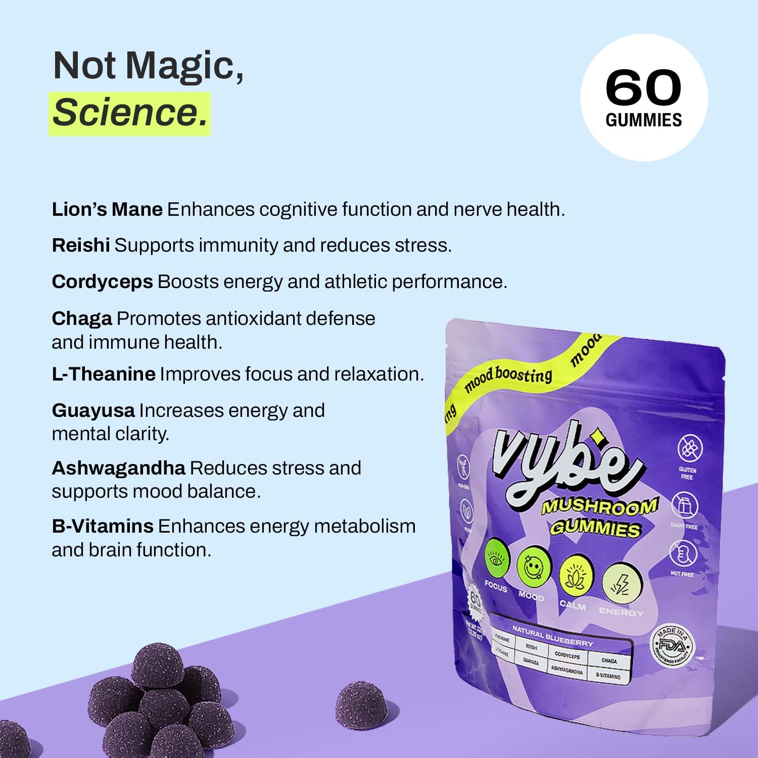 Vybe Daily Nootropic Gummies – 8-in-1 Mushroom & Adaptogen Brain Supplement for Focus, Energy, and Mood with Lion's Mane, Cordyceps, Reishi, Chaga, Ashwagandha (Blueberry, 60-Count)