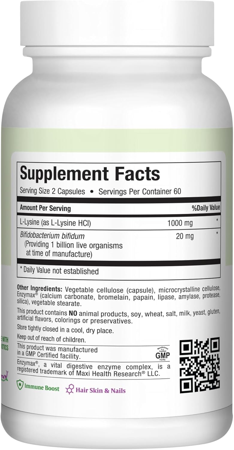 Maxi Health Lysine Complex with Probiotics - L-Lysine 1000mg for Protein Synthesis Canker Sores, and Skin – 60 Capsules
