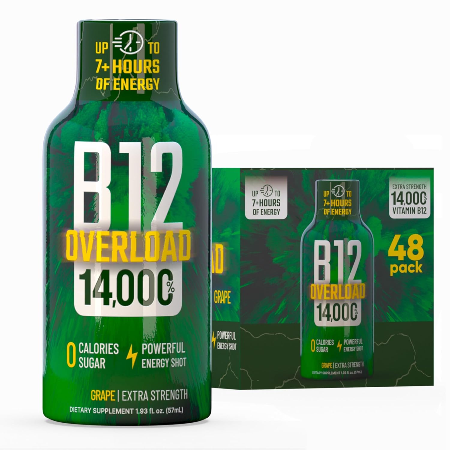 B12 Overload Extra Strength Energy Shot – Grape – 260mg Caffeine, 14000% B12, Electrolytes – Energy & Vitality Support – Zero Sugar No Calories – Vegan, Kosher, Gluten-Free – 1.93 fl oz, 48-Pack