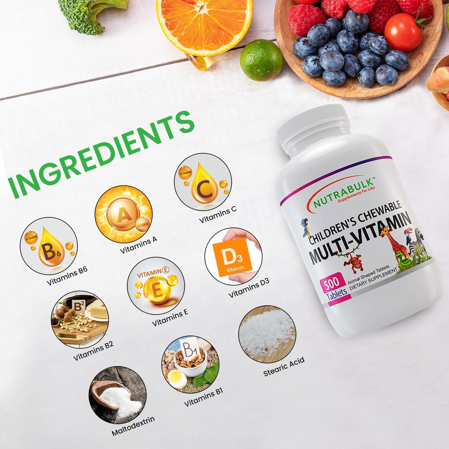 Children’s Chewable Multi-Vitamins - Promoting Kids' Overall Development - USA-Made, May Help to Support Immune, Bone, Brain & Overall Well Being- Vegan & Gluten Free - 500 Cherry Tablets