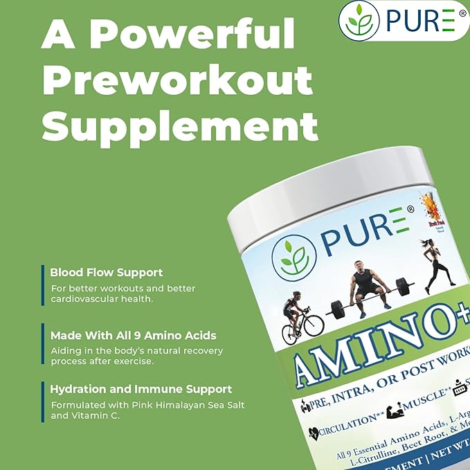 PURE Amino+ Drink Mix, Fruit Splash, 9 Essential Amino Acids, L-Arginine, L-Citrulline, 501g, 30 Servings, Premium Wellness Supplement
