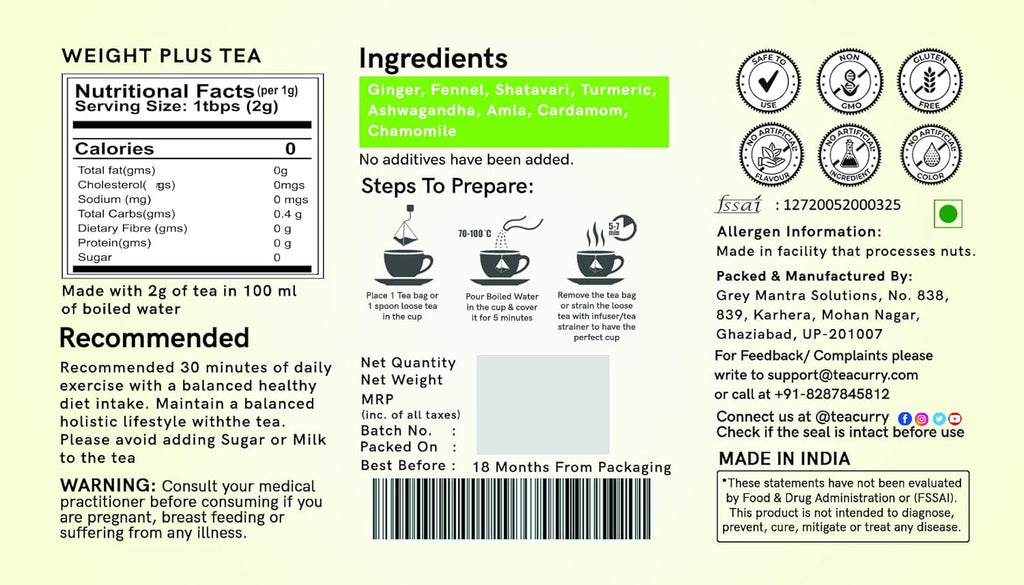 TEACURRY Weight Plus Tea - (1 Month Pack, 30 Tea Bags) - Helps with Healthy Weight