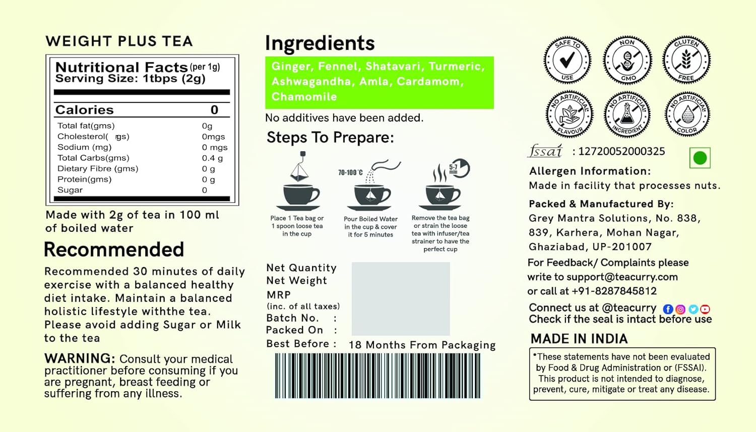 TEACURRY Weight Plus Tea - (1 Month Pack, 30 Tea Bags) - Helps with Healthy Weight
